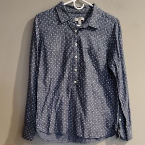 J. Crew Women's 8 Blue Cotton White Pattern Long  Sleeve 3/4 Button Up Top